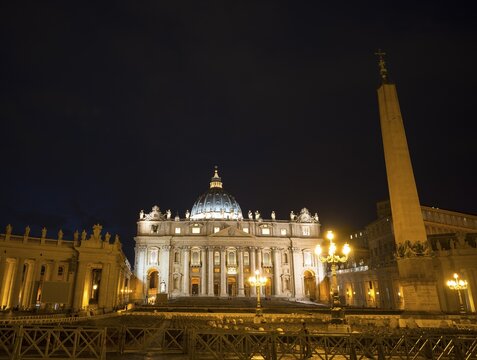 St. Peter's Square with St. Peter's Basilica and obelisk at night, Vatican City, Rome, Lazio, Italy
