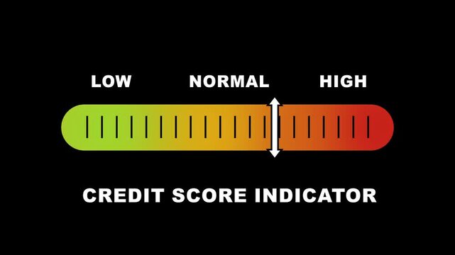 Credit score level indicator scale. Low normal & high meter infographic animation on black background. Showing high Credit score level color gauge indicator for financial health and credit monitoring.