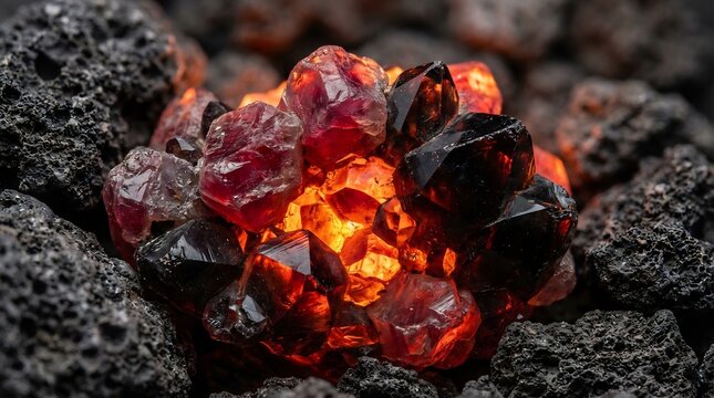 glowing ruby and obsidian crystals on volcanic rock