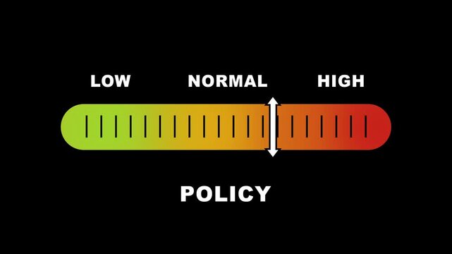 Policy level indicator scale. Low normal & high meter infographic animation on black background. Showing high policy level color gauge indicator for business governance and management analysis.