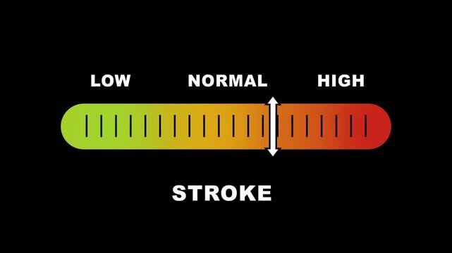 Stroke risk level indicator scale. Low normal high meter infographic animation on black background. Showing high stroke risk level color gauge indicator for cardiovascular health monitoring.