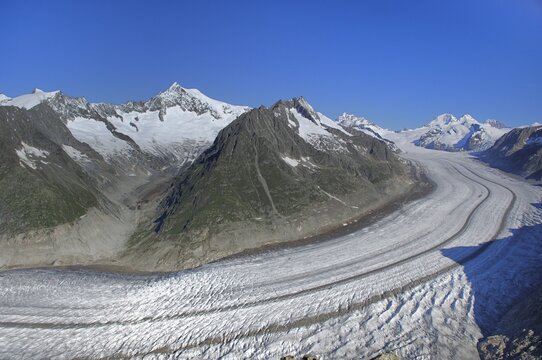View from Eggishorn onto the large Aletsch glacier, Goms, Valais, Switzerland