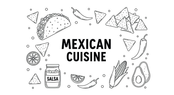 Outline vector illustration showcasing popular mexican cuisine dishes and ingredients arranged in a circular frame with central text.