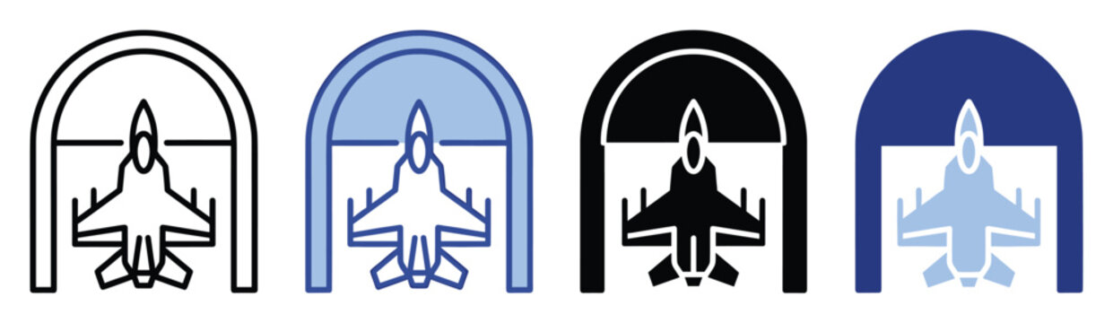 Modern fighter jet inside an aircraft hangar icon for military aviation applications and graphic user interfaces
