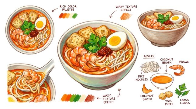 Delicious and Colorful Laksa Noodles with Shrimp and Eggs Illustration.