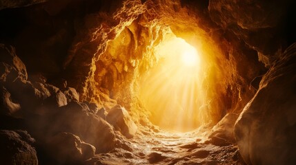 Fototapeta premium Light shining into cave from entrance with rocks and dirt on the ground creating a natural pathway