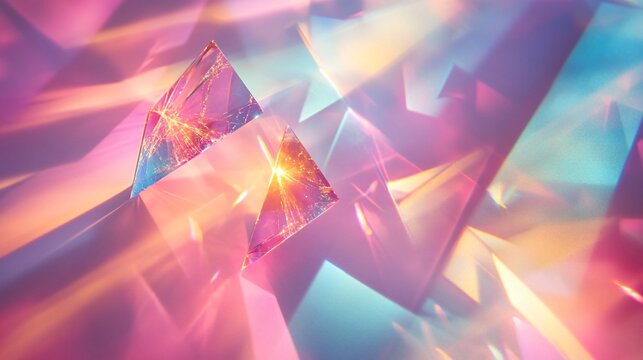 Dynamic arrangement of shattered prisms with intense light flares and vibrant color gradients, a computer-generated illustration of abstract geometric forms and luminous energy.