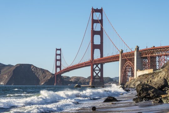 Golden Gate Bridge, Marshall's Beach, rocky coast, San Francisco, USA