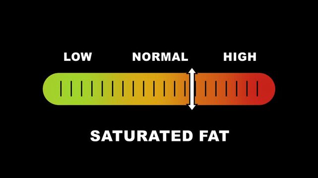 Saturated fat indicator scale. Low normal high meter infographic animation on black background. Showing high saturated fat level color gauge indicator for nutrition and health monitoring.