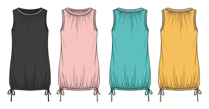 Sleeveless gathered drawstring dress technical flat drawing set for apparel design and fashion production