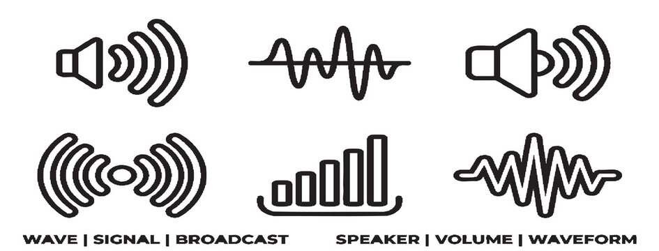 Audio waveform and speaker icons show sound signal broadcast volume
