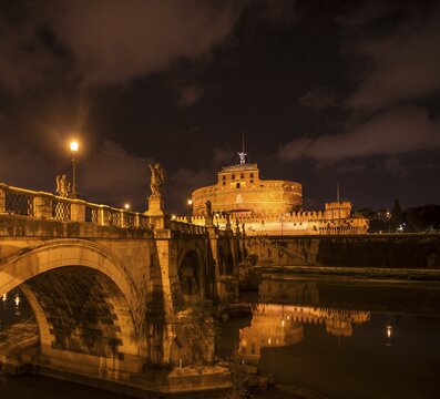 Ponte Sant'Angelo and Castel Sant'Angelo at night, Tiber River, Tevere, Rome, Lazio, Italy