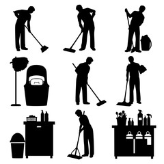 Naklejka premium Cleaning service professional silhouettes with janitorial equipment icons set