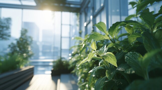 Sustainable biochar filtration system purifying indoor atmosphere within modern greenhouse workspace, visible air quality sensors monitoring particulate removal as morning sunlight illuminates