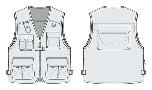 Technical flat sketch of a versatile multipocket outdoor utility vest for apparel and product design