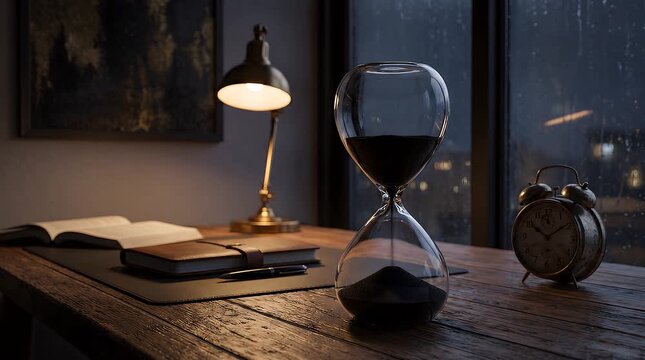 Hourglass with black sand flowing on a wooden desk with a vintage lamp and alarm clock captured in this cinematic dark moody atmosphere digital video footage