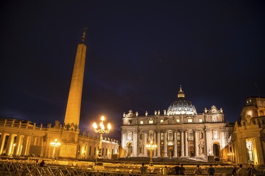 St. Peter's Square with St. Peter's Basilica and obelisk, at night, Vatican City, Rome, Italy