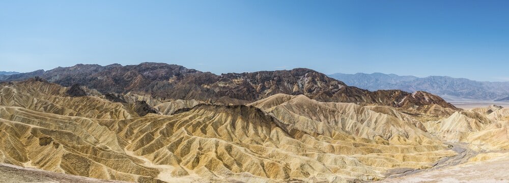 Panoramic view, Badlands, Zabriskie Point,  Panamint Range behind, Death Valley National Park, California, USA