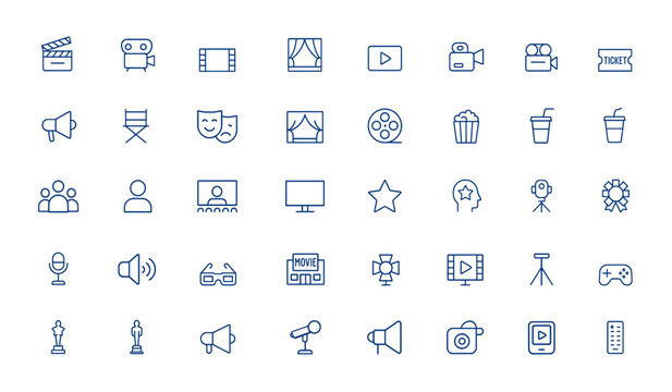 Minimalist vector film icons for cinema, media, theater, multimedia, and television. Line illustration artwork and media vector icon collection, entertainment, digital, movie and more.