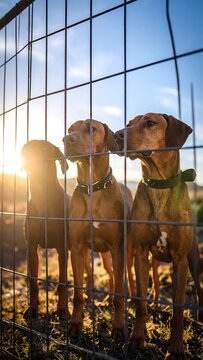 Three brown canines stand behind a metal fence, bathed in golden sunlight. The dogs appear curious, peering through the barrier. Sky is a bright blue