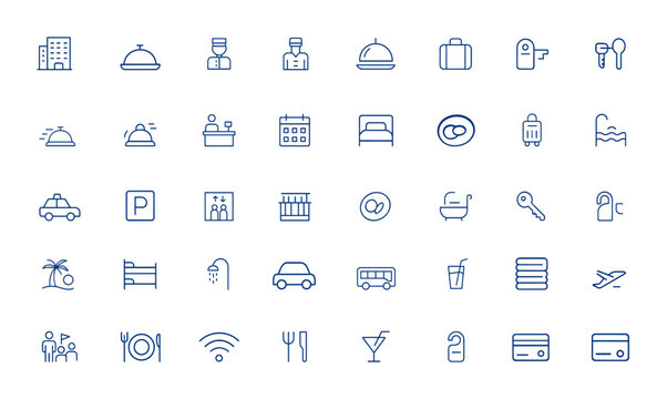 Linear style hotel and restaurant icons with minimalist design. Editable stroke vector icons for fast room service, travel, hospitality, food service, booking, staff, and more.
