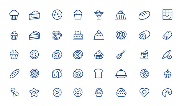 Sweet pastry and baking outline icons. Minimalist line symbols of muffin, cheesecake, cookies, birthday cake, dessert, food, bakery, confectionery, celebration, vector illustration, pastry.