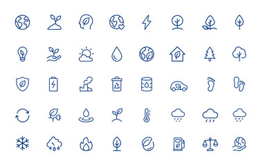 Obraz premium Minimalist linear climate icons pack: modern earth vector symbols featuring ecology, environment, global, eco, sustainability, nature, conservation, clean energy, green planet and more.