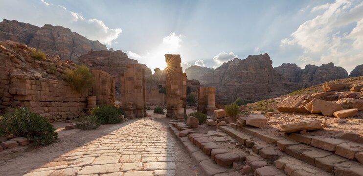 Ancient Roman road, Temenos Gate in the centre of Petra, Nabataean city of Petra, near Wadi Musa, Jordan