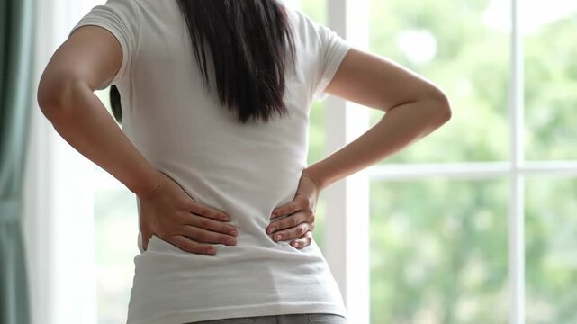 Young woman experiencing discomfort and persistent pain in her lower back, holding it with both hands, suggesting a health issue or strain