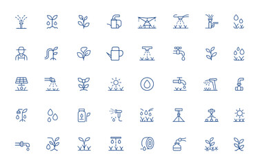 Obraz premium Minimalist irrigation icon pack featuring editable vector stroke designs for farm, growth, agricultural, lawn, pipe, and art elements—perfect for mobile and web apps, agriculture and more.