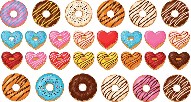 Large collection of colorful donut vectors featuring round and heart shapes with chocolate strawberry vanilla glaze sprinkles and icing isolated on white background.