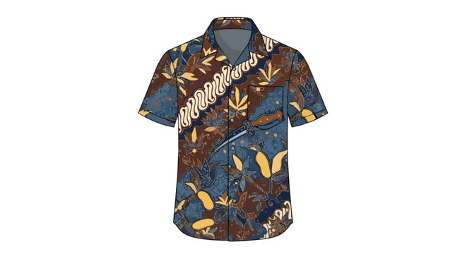 Men's Short Sleeve Shirt Illustration Featuring Traditional Batik Pattern with Floral and Ethnic Motifs in Blue and Brown