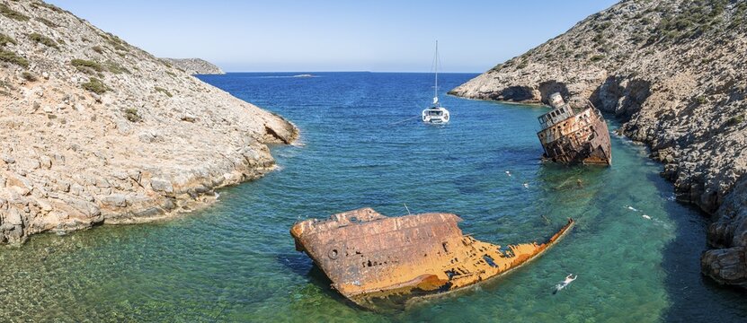 Aerial view, Shipwreck Olympia, Amorgos, Cyclades Island, Aegean Sea, Greece