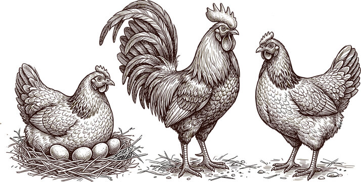 Vintage Chicken Farm Scene Set with Hen on Nest Rooster and Poultry Engraving Style Illustration for Agriculture Organic Food and Rural Design