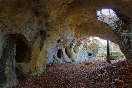 Collapsed cave near Elbersberg chapel, Elbersberg, Pottenstein town, Franconian Switzerland, Upper Franconia, Franconia, Bavaria, Germany