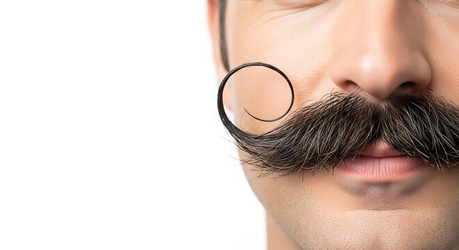 Close-up of a mans face with a large, curled mustache.