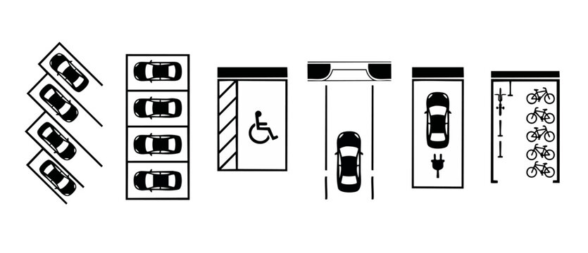Parking Lot Layout Icons Set, Aerial View Car Spaces and Infrastructure Symbols for Urban Planning and Architectural Design, Including Handicapped, Electric Vehicle Charging Station, and Bicycle Stora