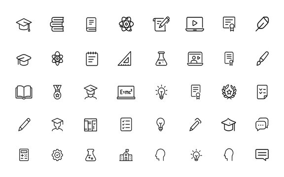 Minimalist outline vector icons of education, academic success, study, school, and books. Flat design icons for learning, knowledge, student, scholarship, and classroom essentials and more.
