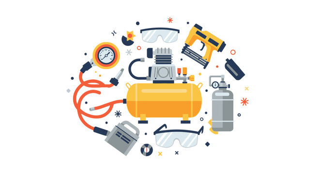 Air Compressor with Pneumatic Tools and Accessories Flat Vector Illustration Set, Including Nail Gun, Pressure Gauge, and Safety Gear
