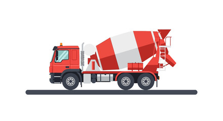 Fototapeta premium Red and White Concrete Mixer Truck Vector Illustration - Industrial Cement Transit Vehicle Side View