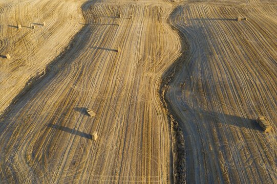 Bales of straw and abstract patterns in cornfield after wheat harvest, prominent the tractor wheel ruts, aerial view, drone shot, C&oacute;rdoba province, Andalusia, Spain
