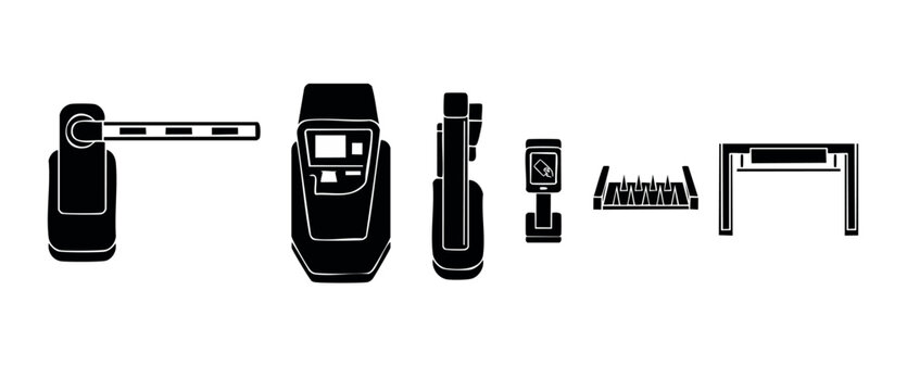 Parking Barrier Gate System Icons Set for Access Control Management. Vehicle entry security equipment with toll payment machine, card reader, tire spikes and overhead height clearance bar designs.