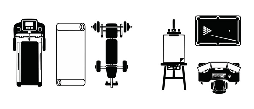 Fitness gym equipment and hobby icons set, top view layout of treadmill, bench press, yoga mat, art easel, billiard table and computer desk workspace, lifestyle and recreation black silhouette symbols