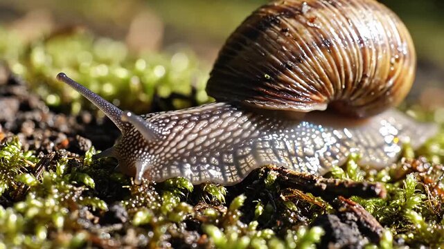 A close-up of a garden snail crawling on a mossy surface, showcasing intricate details of its shell and body in natural light