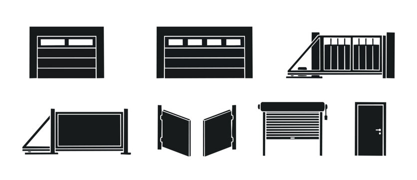 Garage Door and Gate Icons Set, Sectional and Rolling Shutter Silhouettes, Automatic Entry Systems for Home Security and Industrial Property Exterior Design, Isolated Vector Symbols on White Backgroun