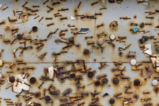 Remnants of rusted tacks and staples on a board, G&aacute;sadalur, V&aacute;gar, Faroe Islands, Denmark