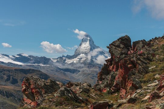 Snow-covered Matterhorn, reddish rock, view of Zermatt, Valais, Switzerland
