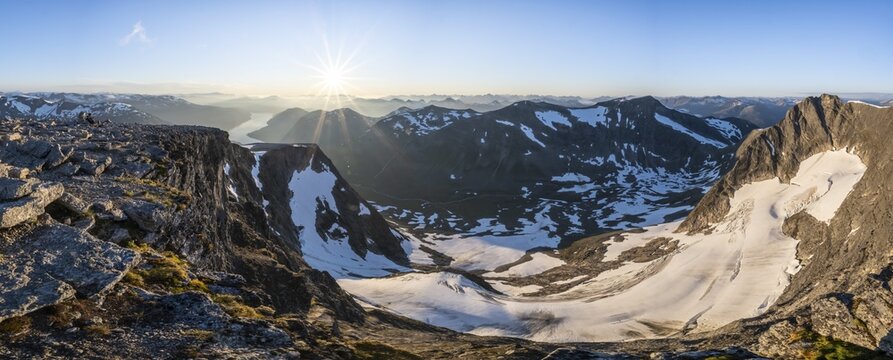 Jostedalsbreen National Park, top of Sk&aring;la mountain on Innvikfjorden fjord, Breheimen mountain range, Stryn, Vestland, Norway
