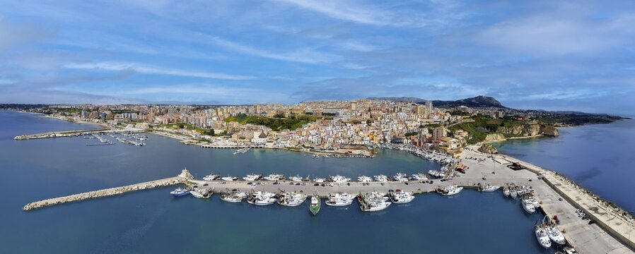 Aerial view, panorama, harbor in front, fishing port, fishing boats, ships, marina on the left, Sciacca, picturesque, port town, thermal spa, Agrigento Free Community Consortium, Sicily region, Italy, Mediterranean