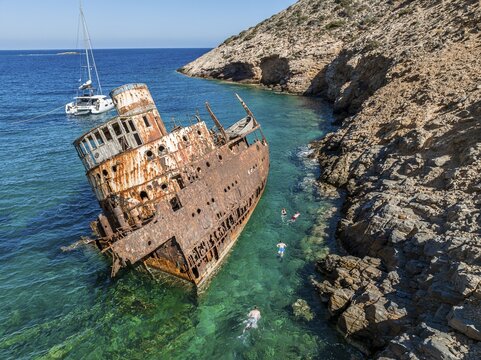 Aerial view, snorkellers at the shipwreck Olympia, Amorgos, Cyclades Island, Aegean Sea, Greece